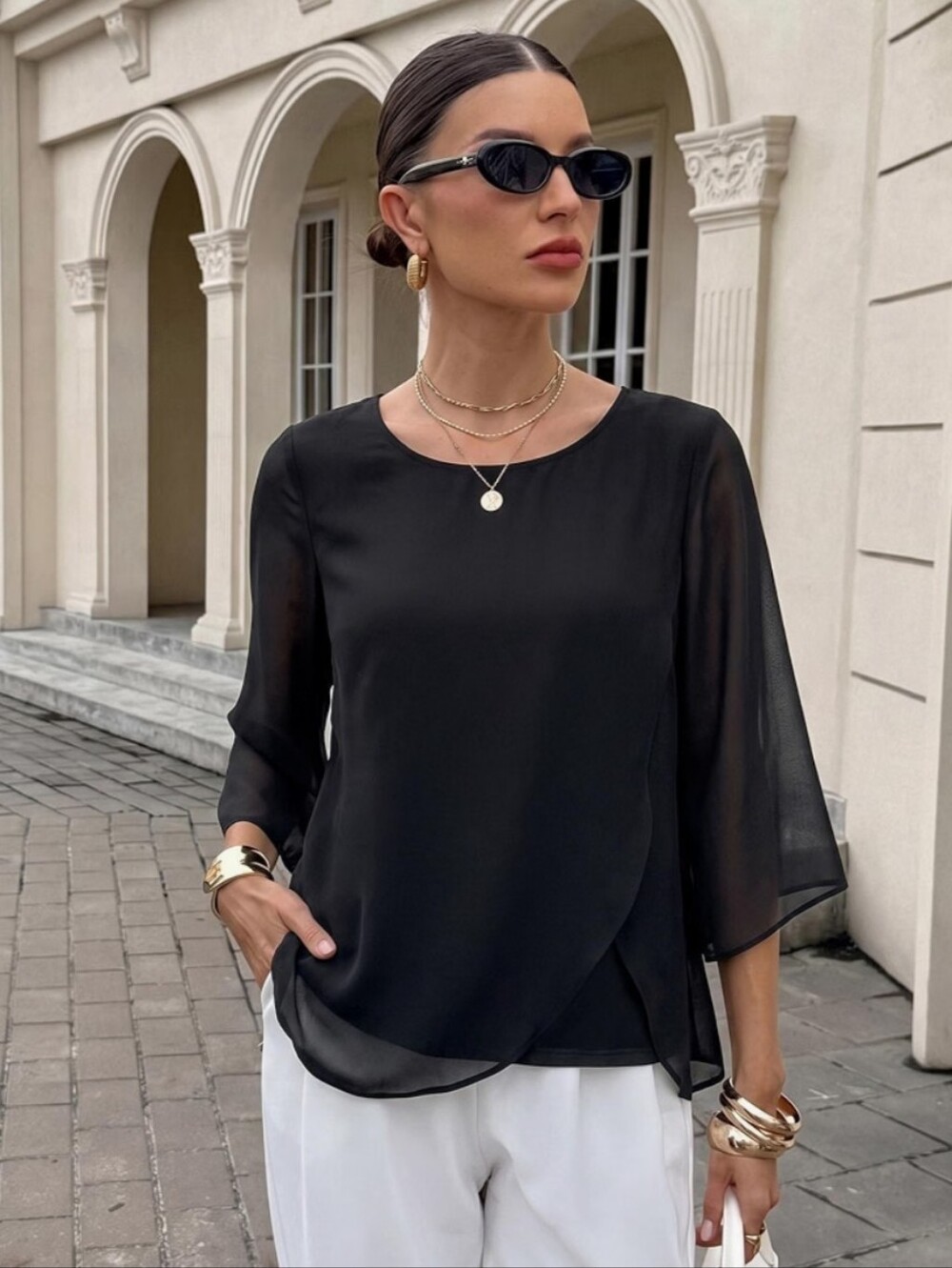 Lotusmile Black Chiffon Asymmetrical Blouse 3/4 Bell Sleeve NWT